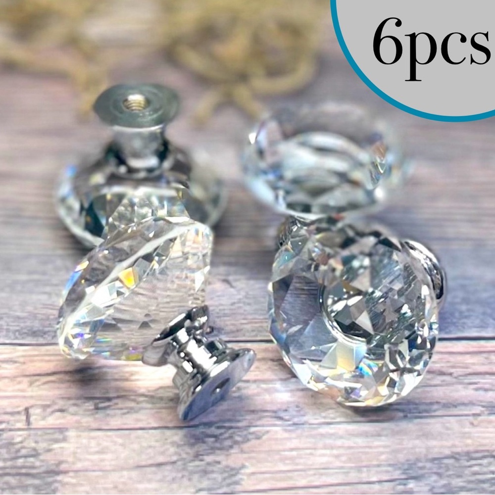 NEW 6pc DIAMOND Crystal-Glass Drawer Cabinet Knobs Pulls Hardware Bundle Lot Set